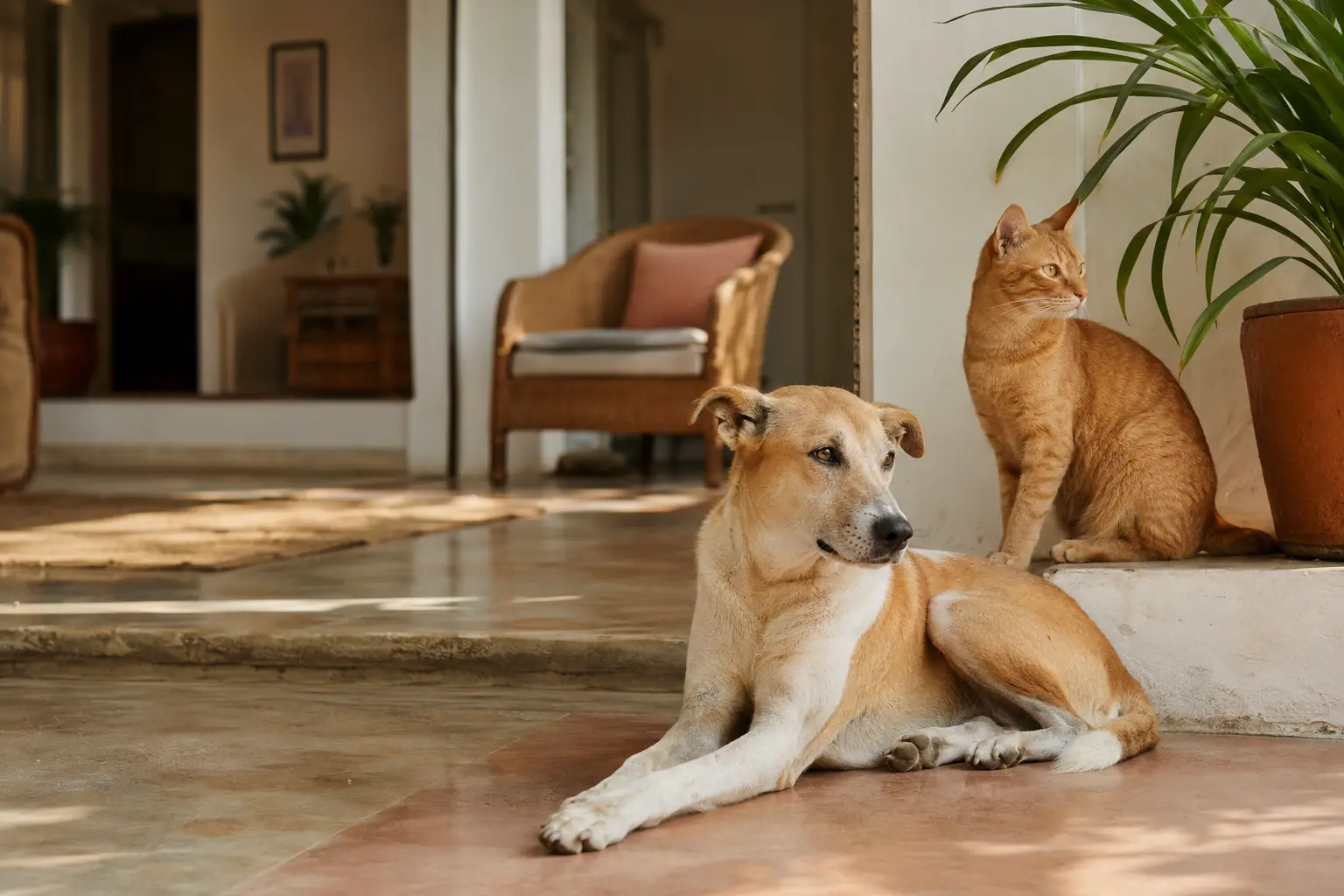 A dog and cat resting together in a warm home